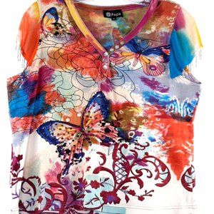 ❤️ XL Vintage Papa Purple, Pink, Red , Blue Butterfly Short Sleeve casual Top
